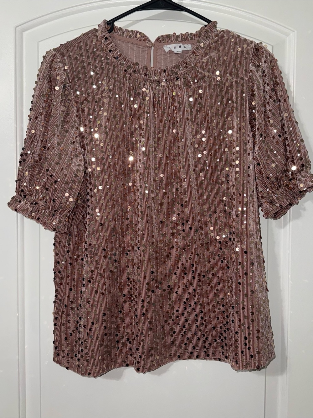 THML Sequin Top Blouse Women’s Size Medium Rose Gold